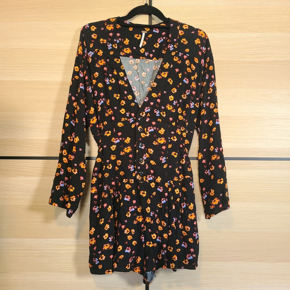 Free People Romper Womens 12 Black Floral Button Front Long Sleeve V-Neck - Picture 6 of 16